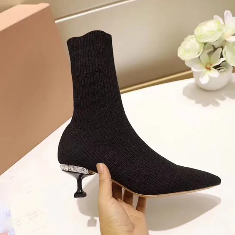Mode Bout pu Red Bottes Laine Cheville 2018 Chaussette Talon Femme Pointu Étrange black pourpre rosy Beige gris Strass Ciel Cristal cKJl1FT