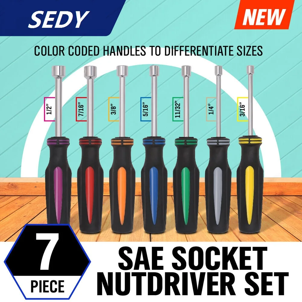 

SEDY 7Pcs Inch Hollow-Shaft Nut Driver Set Hex Bit Socket Nut Key Wrench Screwdriver Car Bike Repair Nutdriver Hand Tool Set