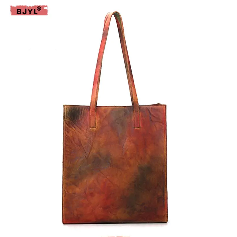 

BJYL new retro Genuine leather Women handbags large-capacity hand-rubbed the first layer of leather Female shoulder shopping bag