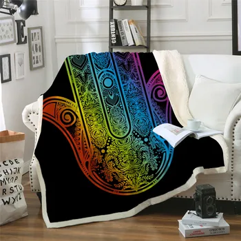 

Hamsa Hand Sherpa Throw Blanket Rainbow Colorful Bedspread Vintage Palm Plush Blanket on the Bed Sofa