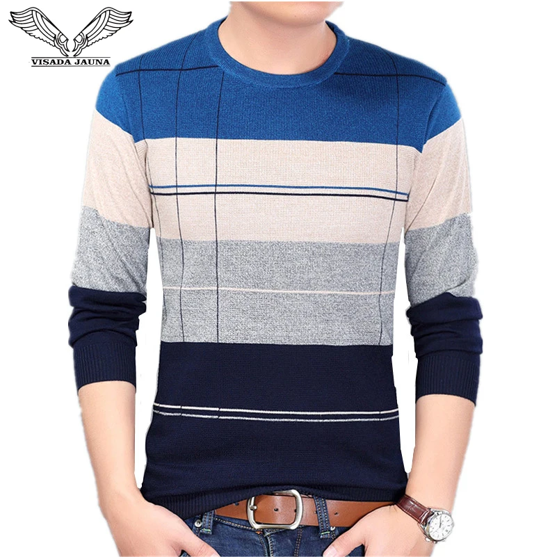 

VISADA JAUNA 2017 New Autumn Fashion Casual Mens Sweater O-neck Slim Fit Knitting Sweaters Stripe Plus Size Men's Sweater N5862