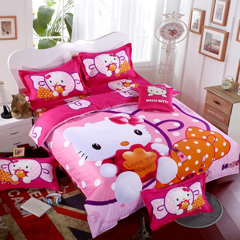 Bedding Set Cartoon Hello Kit cat Doraemon 4pcs/3pcs Duvet Cover Sets Soft Polyester Bed Linen Flat Bed Sheet Set Pillowcase - Image 3
