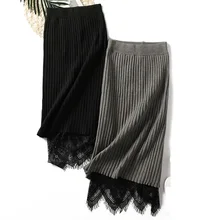 Новая женская Юбка трикотажная кружевная длинная юбка с эластичной резинкой на талии прямые юбки для дам Винтаж Midiskirt черный серый Falda Mujer