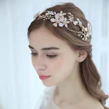 SLBRIDAL Золотые кристаллы и Стразы ручной работы жемчуг цветок Свадебная Тиара головная повязка свадебные аксессуары для волос женские ювелирные изделия подружек невесты
