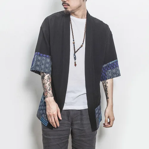 Men Kimono Traditional Open Stitch Shirt Men Cotton Linen Shirts Male Three Quarter Sleeve Shirt Harajuku Mens Clothing 5XL - Цвет: Black