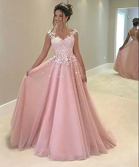 23-1               New Cheap Prom Dress Long Appliqued Lace High Neck Sleeveless Pink Evening Dress Chiffon Party Gown