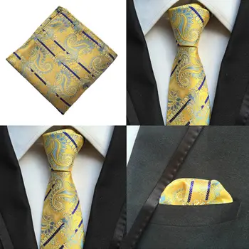 

Men Fashion Silk Ties Pocket Square Handkerchief Yellow Paisley Stripe Lot HZTIE0127