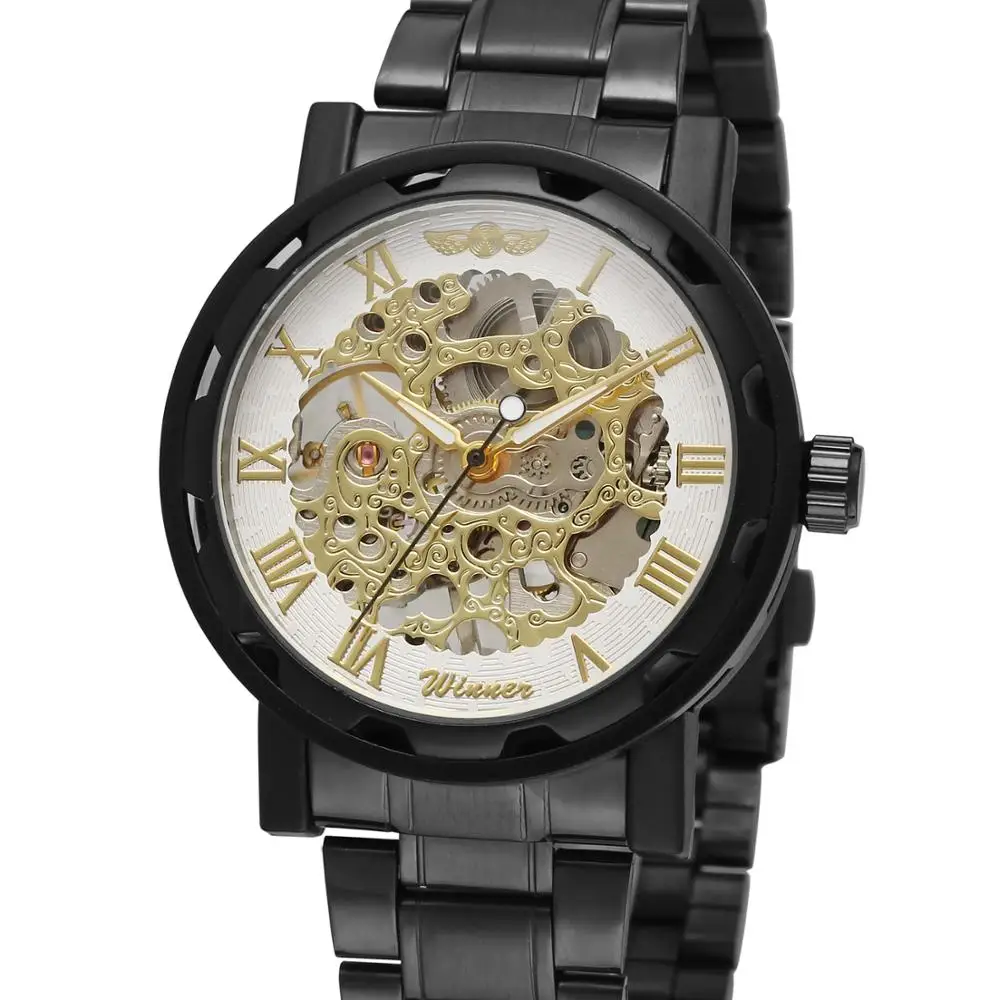 

Женские часы, циферблат с римскими цифрами золотого и белого цветов, изящные минималистичные Роскошные Мужские механические часы с низким циферблатом и стальным ремешком