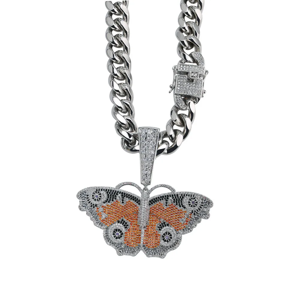 JINAO хип хоп серебряная подвеска в виде золотой бабочки ожерелье микро проложить Циркон льдом животных Ювелирные изделия подарок для мужчин и женщин