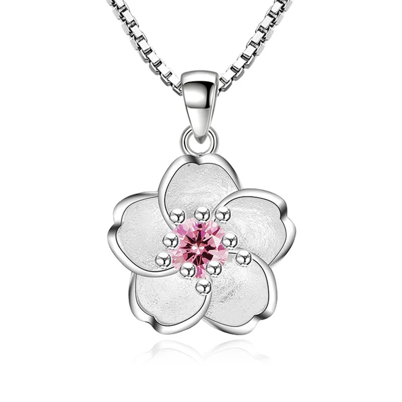 Hot Sale Cherry Blossoms Necklace Flower Chain Pink Purple Crystal Pendant Necklaces Jewellery Collier Femme