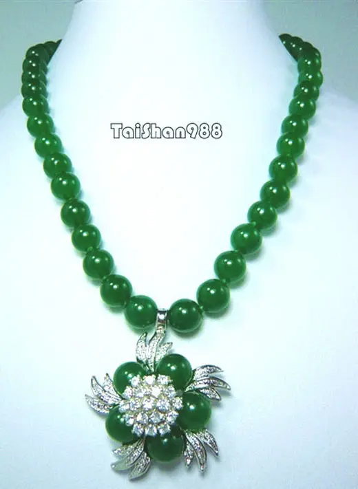 

Hot sale Free Shipping>>10mm Green Jade 18KWGP Crystal Flower Pendant Necklace 18