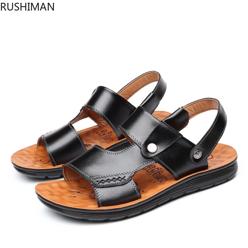

RUSHIMAN Summer men's cool slippers leather men's leather sandals leisure beach slippers soft bottom dad shoes size 38-44