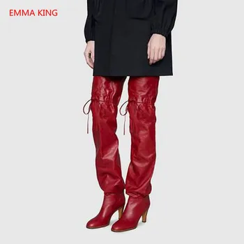 

Runway Sexy Elastic Lace Up Over Knee High Boots 2018 New Western Boots High Heels Vintage Women Winter Thigh High Boots Shoes