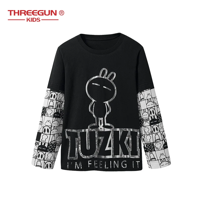 THREEGUN X Tuzki толстые футболки для маленьких девочек кролик утка дети подросток T рубашка, хлопчатобумажные футболки с длинным рукавом tee детская одежда