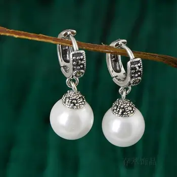 

S925 Sterling Silver Silver Handmade white mother of Pearl Beimakesai stone earbob simple fashion all-match sweet