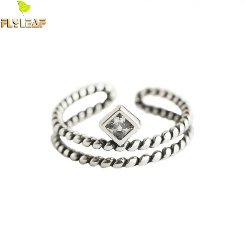 

Flyleaf 925 Sterling Silver Rings For Women Square Zircon Line Weave Double Layer Fashion Fine Jewelry Simple Open Ring Vintage