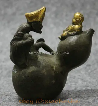 

Old Chinese Bronze Gilt Collect Kid Child Monk JiGong Chai Gong On Gourd Statue