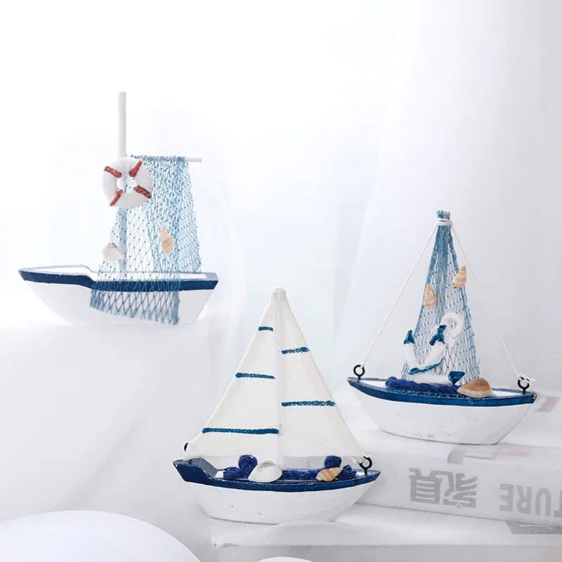 Морской мореходный Средиземноморский стиль деревянный синий парусник винтажные фигурки сказочные миниатюры садовый корабль дерево