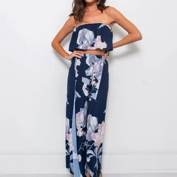 

Summer Women Jumpsuit Set Ruffle Floral Printed Chiffon Off Shoulder Crop Tops + Split Pants Clothes TY53