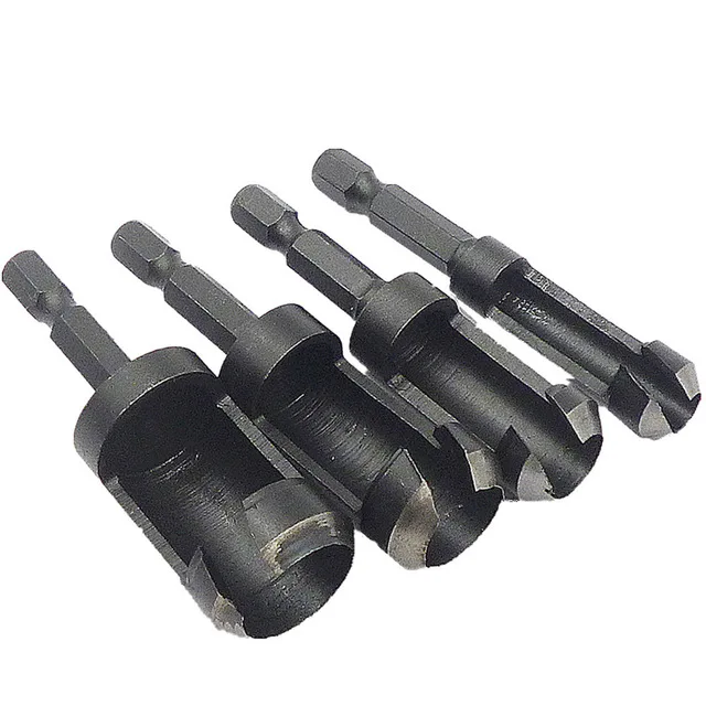  4-Piece Quick Change Steel Plug Cutter Set 1/4-Inch Hex Shank Wood Plug Cutter Cutting Set Dowel Ma