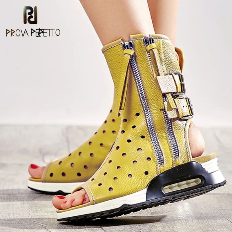 

Prova Perfetto Summer Hollow Out Fish Head Sandals Boots Zipper Side Wedges Ankle Boots Real Leather Buckle High Heels Boots