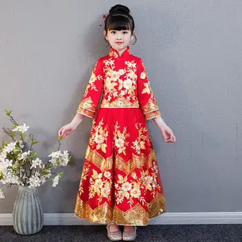 

2018 red Chinese style girls long sleeve party dresses princess costume flower girls dressse