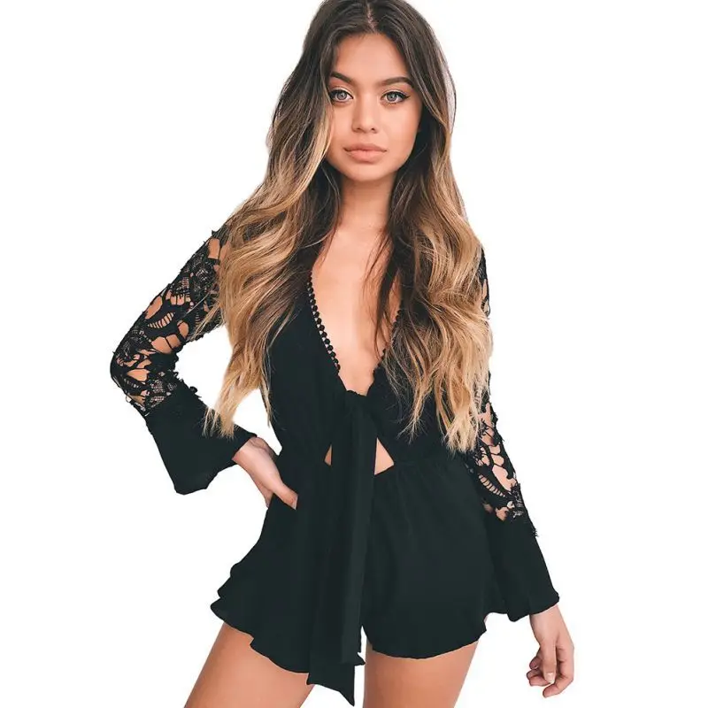 Sexy Lace Patchwork Jumpsuits Linen Hollow Out Long Sleeve Playsuits Loose Women Deep V Lace Up Bodysuits Short Jumpsuits