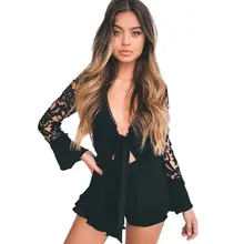 Sexy Lace Patchwork Jumpsuits Linen Hollow Out Long Sleeve Playsuits Loose Women Deep V Lace Up Bodysuits Short Jumpsuits