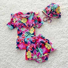 children’s swimwear girls children bathing suit kids floral short sleeves top T-shirt Swimming Cap and Shorts Two Pieces set