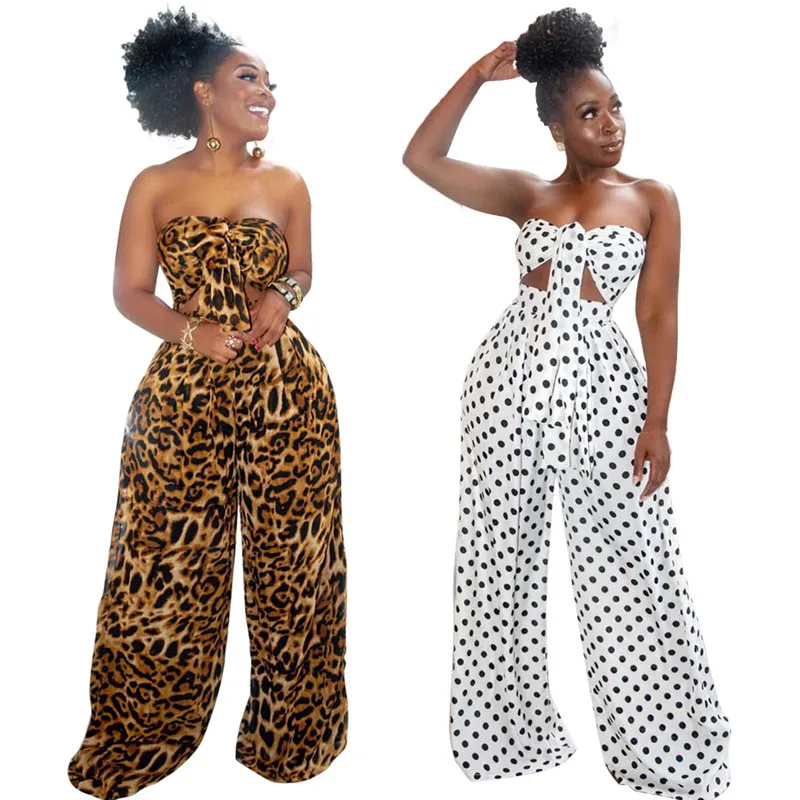 

Summer Sexy 2 Piece Outfits for Women Fashion Dot Leopard Print V-neck Wrapped Chest Top Loose Wide Leg Pants Sets Plus Size