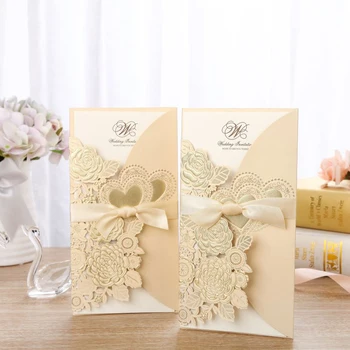 

50pcs/lot Gold Laser Cut Wedding Invitations Card with Lace Ribbon Vertical Save The Date Golden Bridal Shower Invitations