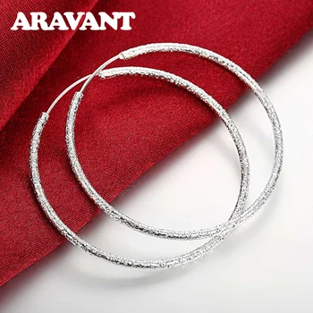 

925 Silver 50MM Big Round Circle Scrub Hoop Earring For Women Simple Fashion Jewelry