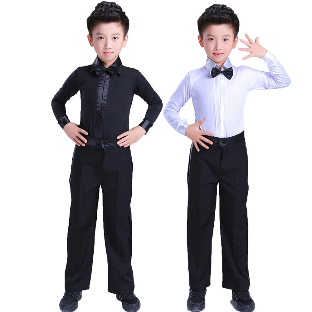 

Comfort Latin Dance Shirts For Children Black White Fitness Fabric Fringe Pants Male ChaCha Tops Boy Show Indian Trousers Y10490