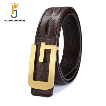 

FAJARINA Brand Name Designer Solid Letter Brass Buckle Belts Crocodile Cow Skin Leather Smooth Belt for Men 3.3cm Wide LUFJ413