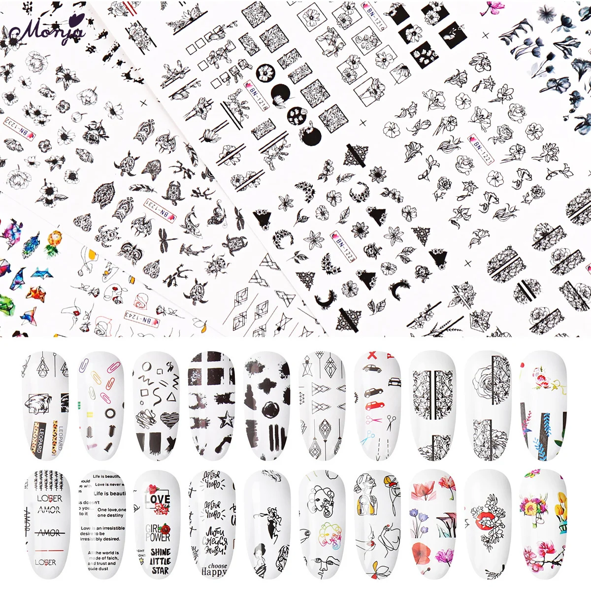 

Monja 3 Sheets 36 Styles Nail Art Beauty Animals Flowers Designs Water Transfer Sticker Watermark Decals Nail Tips Manicure Tool