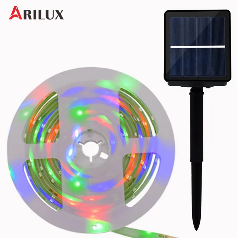 

ARILUX Solar Powered LED Strip Light 0.7W 8 Modes SMD2835 RGB Warm White Waterproof Outdoor LED Holiday String Light DC2V