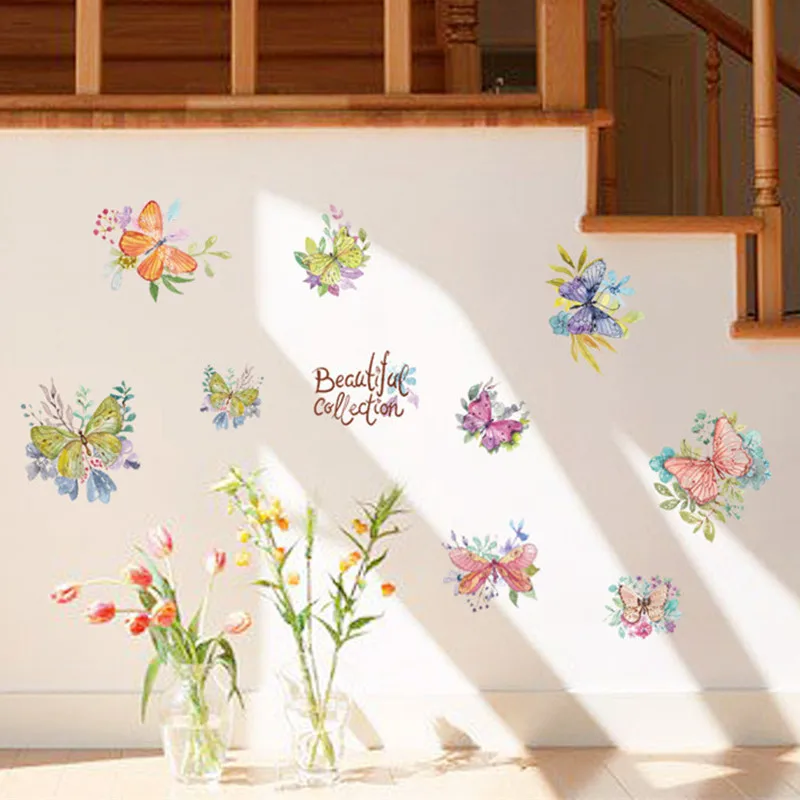 

Hand-painted Beautiful Cartoon Butterfly Flower Wall Stickers Cabinet Refrigerator Door Wardrobe DIY Decorative Wallpaper Decals