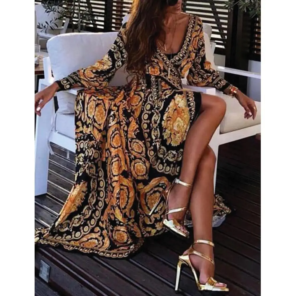 

Sexy Dress Women Long Sleeve Dress Summer Fashion V Neck Retro Beach Dress Digital Printing Slit Party Maxi Long Dresses