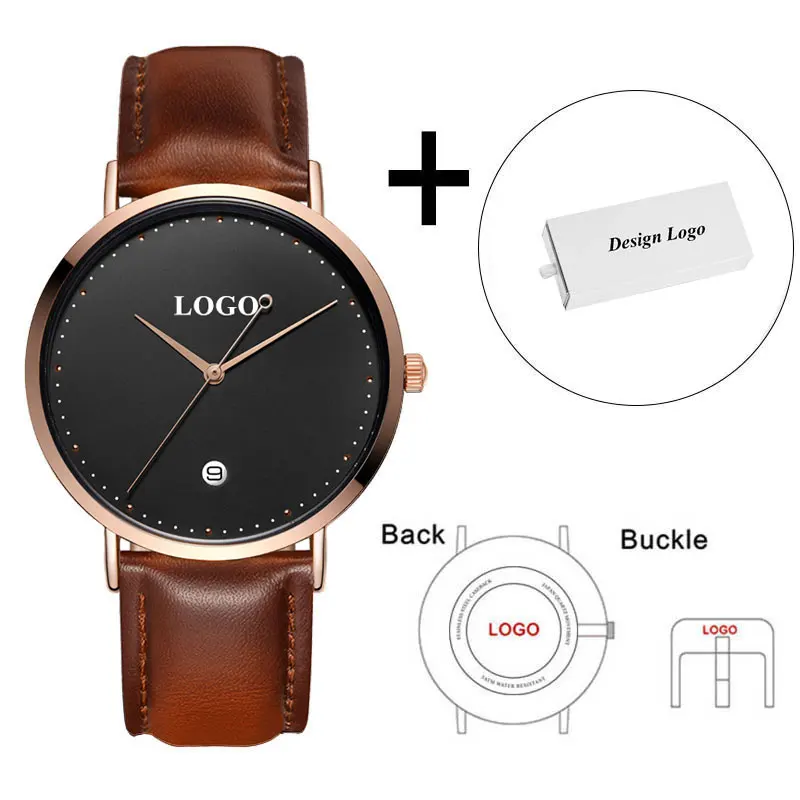 CL026 черный розовое золото построить бренд свой собственный часы пользовательский дизайн OEM логотип печатных часы мужские наручные Календарь минималистичные часы - Цвет: Custom Watch and Box