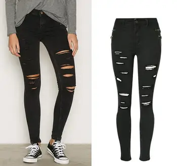 

Hot Sale Women Black Skinny Jeans 2017 Spring Zipper Pockets Cut Hole Ripped Pencil Jeans Woman Femme Stretch Pants