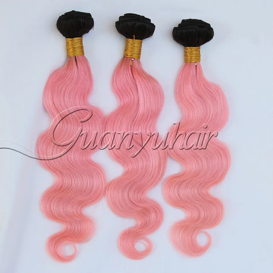 Guanyuhair Ombre # 1B/розовый 3 Связки с 13x4 кружева Фронтальная застежка уха до перуанской