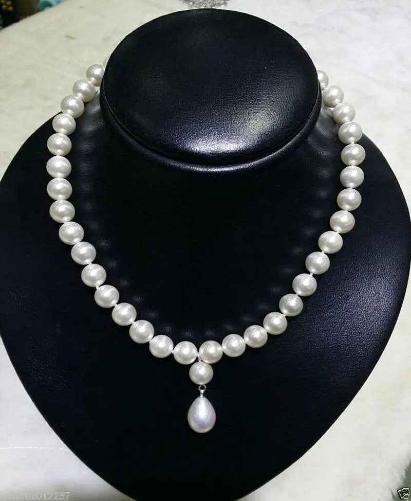 

FREE SHIPPING HOT sell new Style >>>>Fashion 8mm&10mm Round South Sea white Shell Pearl teardrop Pendant Necklace 18