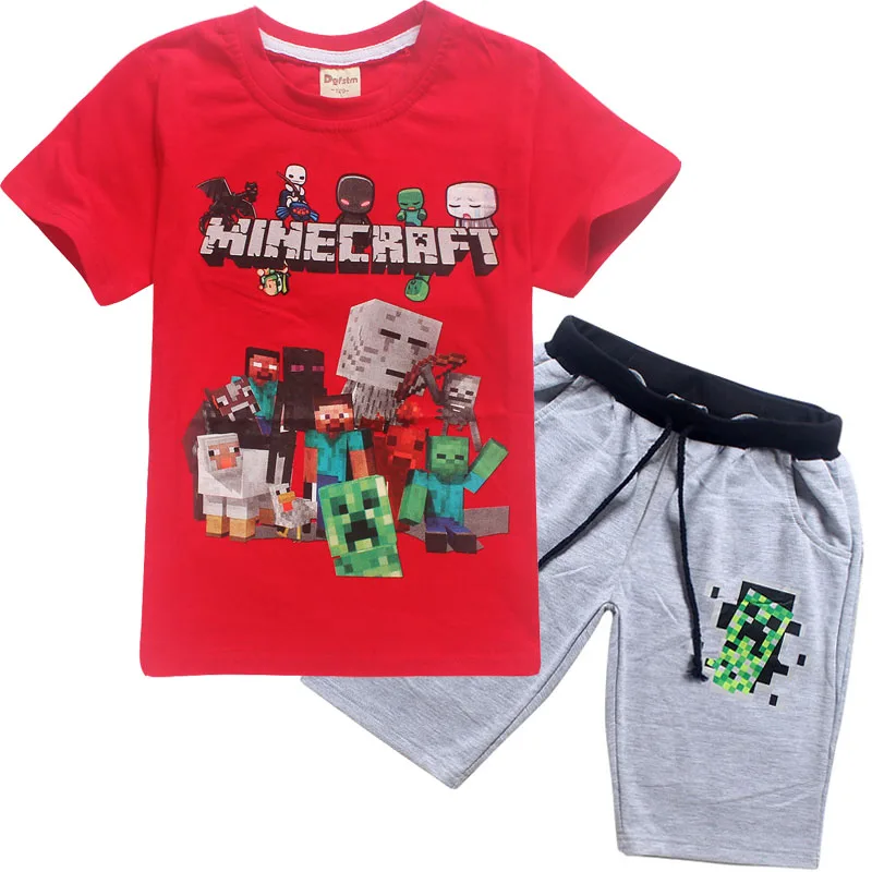 2018 الأطفال الصيف الكرتون Minecraft مطبوعة القطن صبي و فتاة قصيرة الأكمام تي شيرت + السراويل ملابس رياضية عصرية الملابس