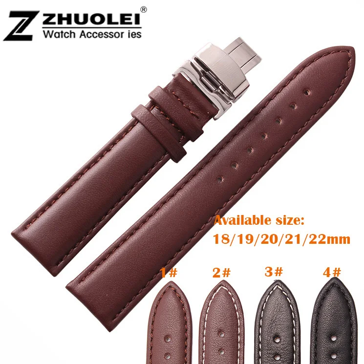 

18mm 19mm 20mm 21mm 22mm 24mm High Quality Brown Black Sweatband Genuine Leather Watch Bands Strap Butterfly Steel Clasp Buckle
