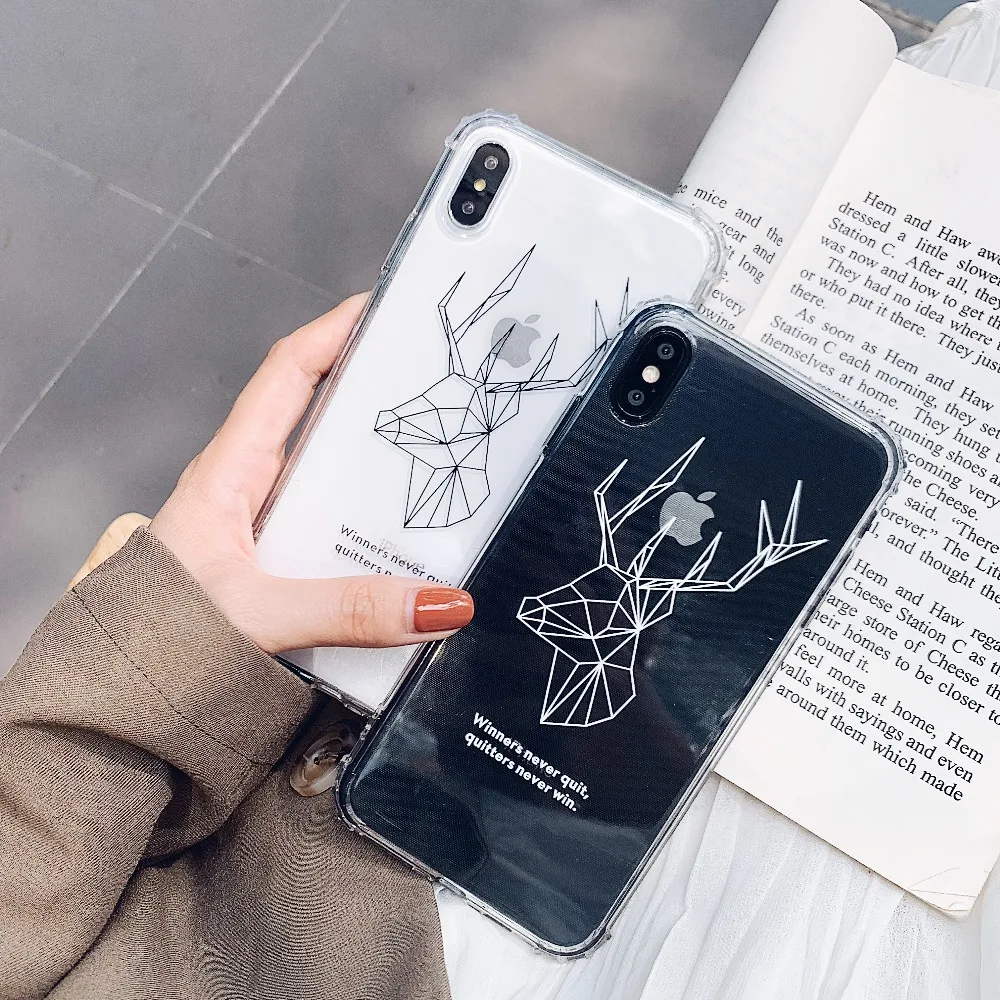 

Vintage Art Line Elk Deer Animal Anti-knock Corner Transparent TPU Phone Case for iPhone XR XS Max X 8 7 6s 6 Plus Cover Fundas