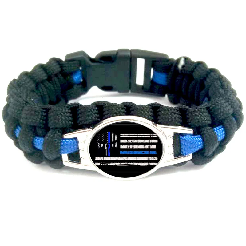 

10PC Blueline Thin Blue Lives Matter Skull American Flags Star Paracord Outdoor Survival Bracelets Charm Women & Men Boy Jewelry