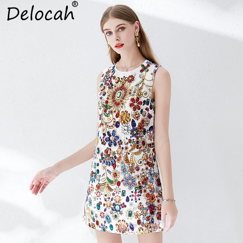 

Delocah 2019 Women Spring Summer Dress Runway Fashion Designer Sleeveless Gorgeous Crystal Beading Elegant Slim Ladie Dresses