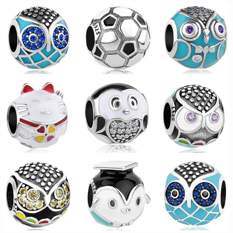 

2019 new 1pc 925 sterling silver owl penguin lucky cat football diy bead Fit Pandora Charms Bracelet original for women F097