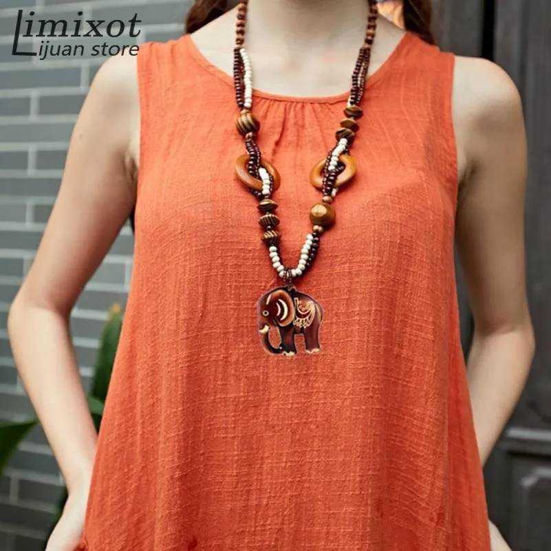 

Boho Ethnic Jewelry Long Hand Made Bead Wood Elephant Pendant Maxi Necklace For Women Wholesale Price