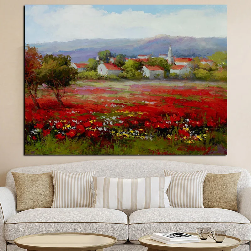 Print Abstract Wild Red Flower Poppies Landscape Oil Painting on Canvas Modern Pastoral Poster Art Wall Picture for Living Room